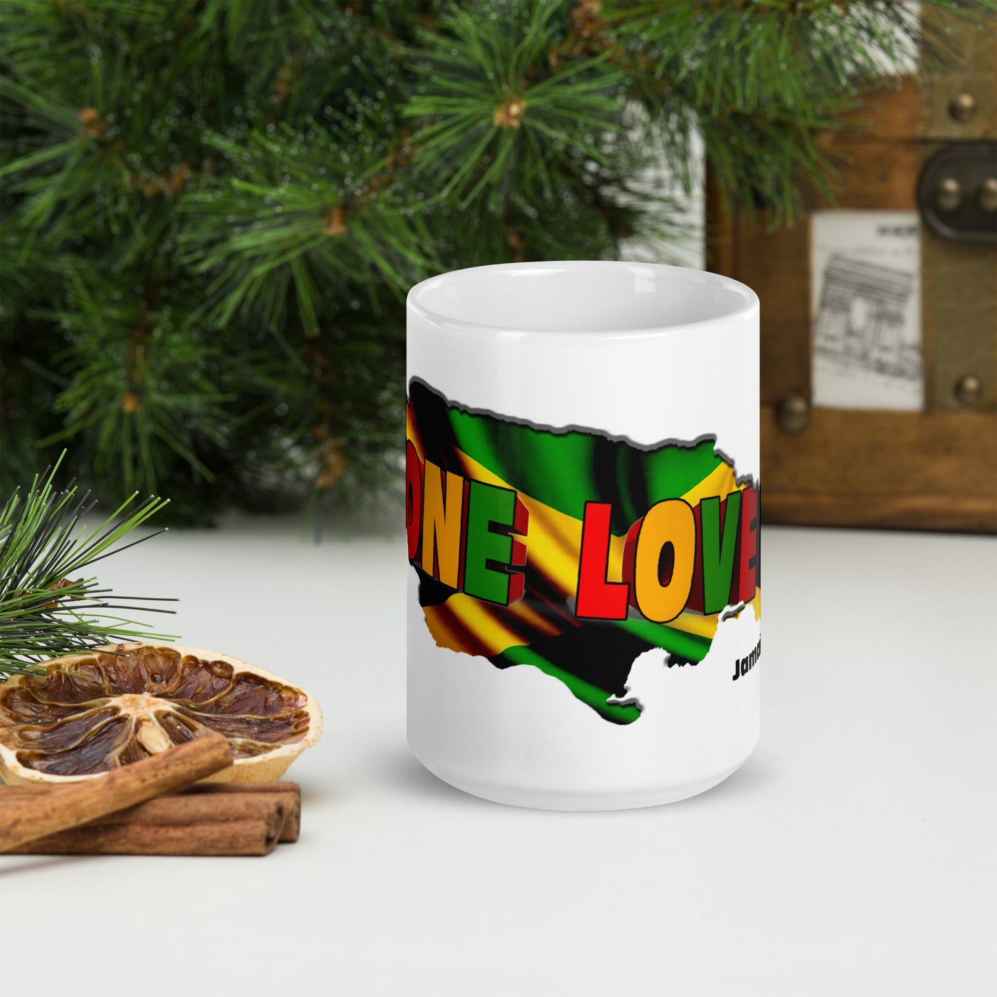 One Love Jamaica Map White glossy mug