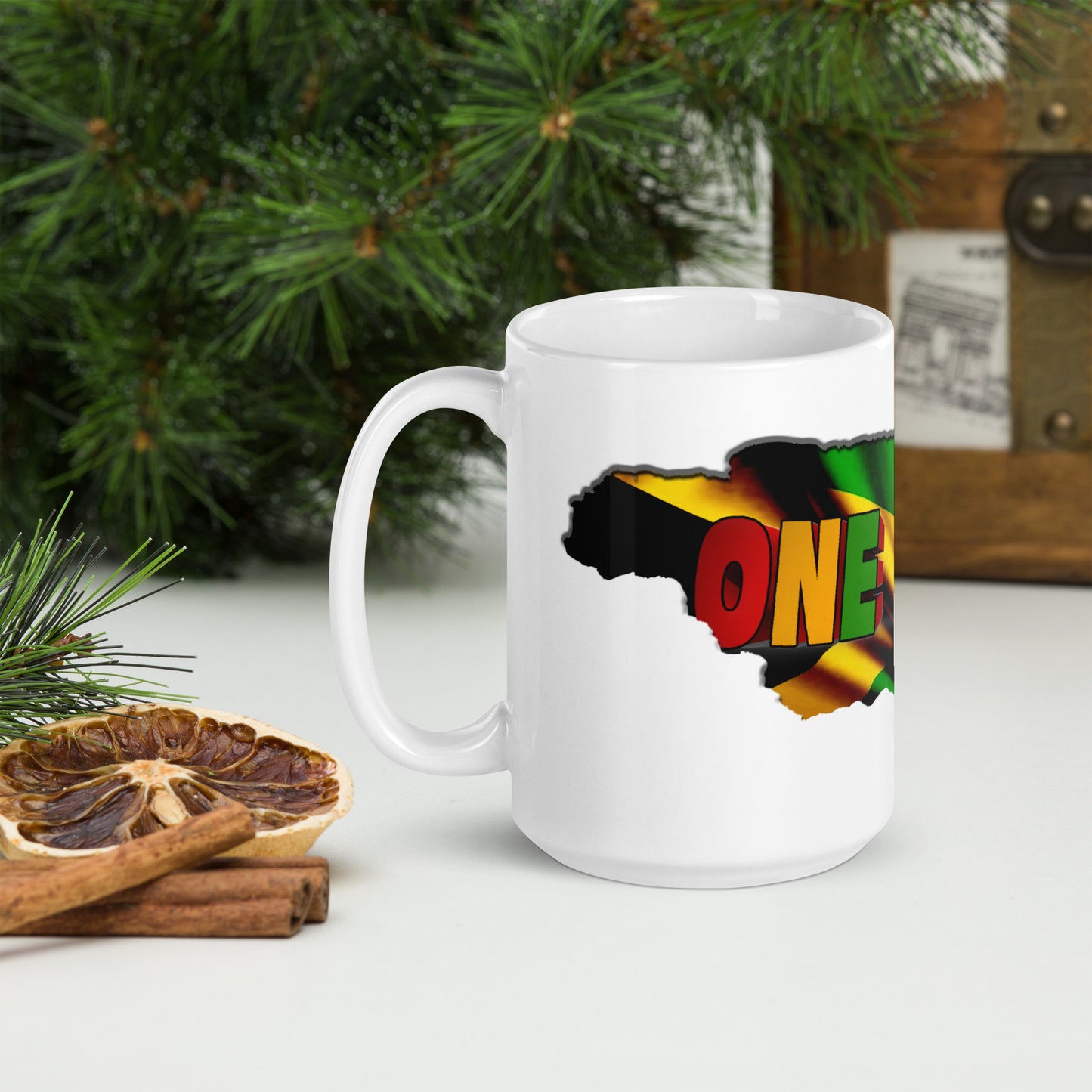One Love Jamaica Map White glossy mug