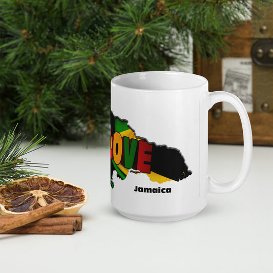 One Love Jamaica Map White glossy mug
